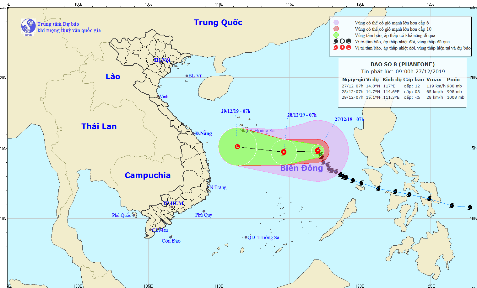 Hướng dẫn tàu cá thoát khỏi vùng nguy hiểm dự kiến của bão PHANFONE