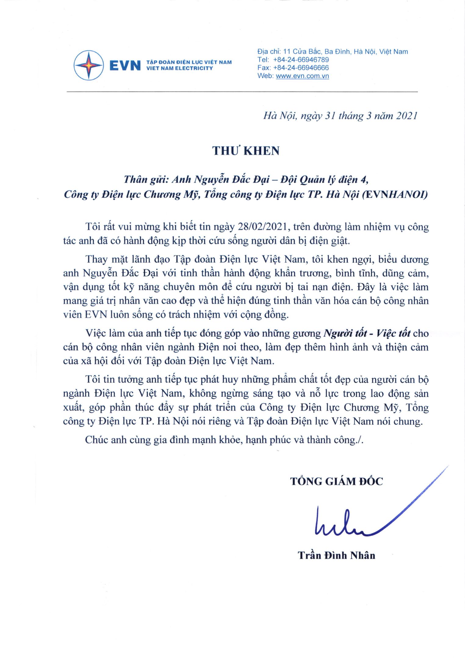Tổng Giám đốc EVN gửi thư khen ngợi, biểu dương anh Nguyễn Đắc Đại