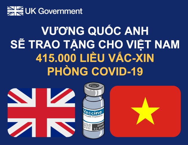 Vương quốc Anh sẽ trao tặng 415 000 liều vắc-xin phòng COVID-19 cho Việt Nam