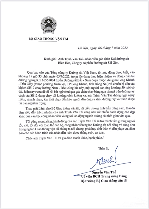 Bộ trưởng Bộ GTVT tải gửi thư khen nhân viên gác tàu dũng cảm
