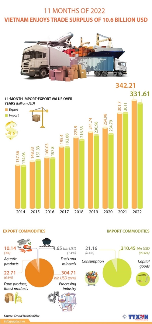 Vietnam enjoys trade surplus of 10 6 billion USD in 11 months of 2022