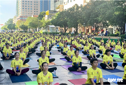 Un millier de personnes à une rencontre collective de yoga à Hô Chi Minh-Ville