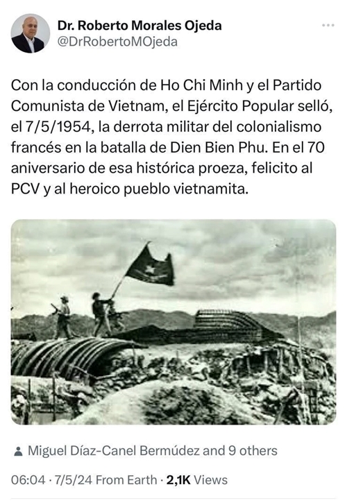 El Partido Comunista de Cuba felicita a Vietnam con motivo del septuagésimo aniversario de la victoria de Dien Bien Phu